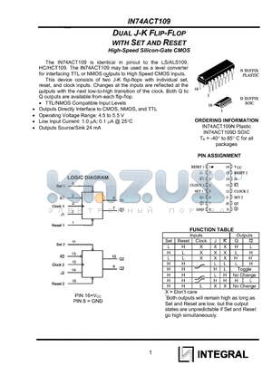 IN74ACT109 datasheet - DUAL J-K FLIP-FLOP WITH SET AND RESET