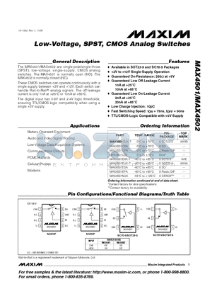 MAX4501CUK-T datasheet - Low-Voltage, SPST, CMOS Analog Switches