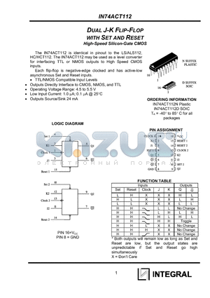 IN74ACT112 datasheet - DUAL J-K FLIP-FLOP WITH SET AND RESET