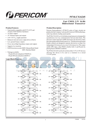 PI74LCX16245A datasheet - Fast CMOS 3.3V 16-Bit Bidirectional Transceiver