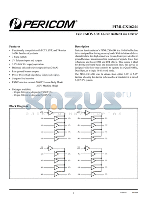 PI74LCX16244 datasheet - Fast CMOS 3.3V 16-Bit Buffer/Line Driver
