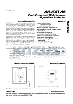 MAX4505EUA datasheet - Fault-Protected, High-Voltage, Signal-Line Protector