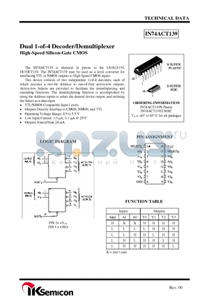 IN74ACT139D datasheet - Dual 1-of-4 Decoder/Demultiplexer High-Speed Silicon-Gate CMOS