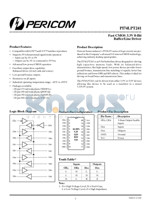 PI74LPT241 datasheet - Fast CMOS 3.3V 8-Bit Buffer/Line Driver