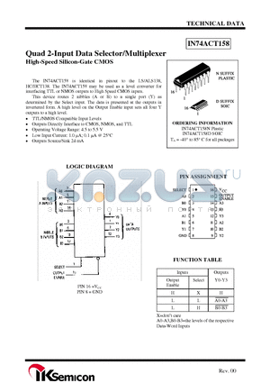 IN74ACT158D datasheet - Quad 2-Input Data Selector/Multiplexer High-Speed Silicon-Gate CMOS