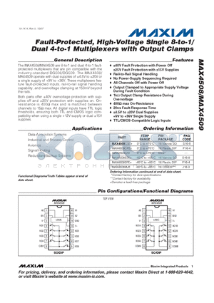 MAX4508CPE datasheet - Fault-Protected, High-Voltage Single 8-to-1/ Dual 4-to-1 Multiplexers with Output Clamps