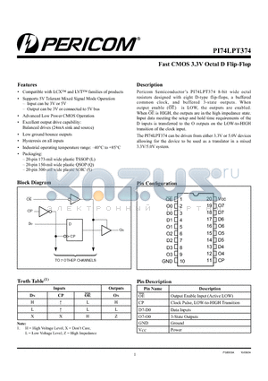 PI74LPT374 datasheet - Fast CMOS 3.3V Octal D Flip-Flop