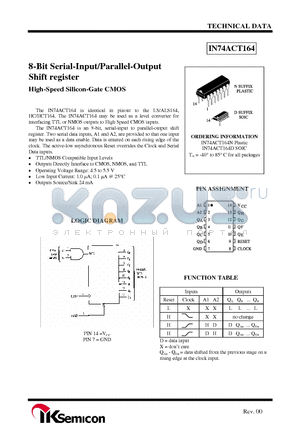 IN74ACT164N datasheet - 8-Bit Serial-Input/Parallel-Output Shift register High-Speed Silicon-Gate CMOS