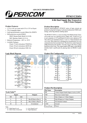 PI74LVC3245AL datasheet - 8-Bit Dual Supply Bus Transceiver with 3-State Outputs