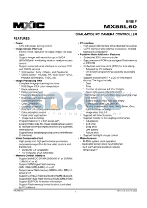 MX88L60 datasheet - DUAL-MODE PC CAMERA CONTROLLER