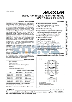 MAX4512C/D datasheet - Quad, Rail-to-Rail, Fault-Protected, SPST Analog Switches