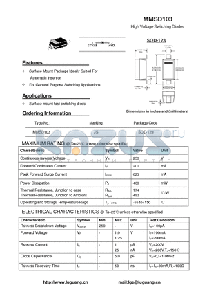 MMSD103 datasheet - High Voltage Switching Diodes