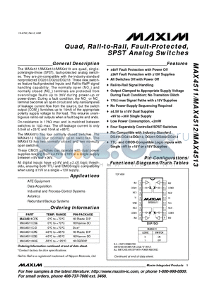 MAX4512MJE datasheet - Quad, Rail-to-Rail, Fault-Protected, SPST Analog Switches