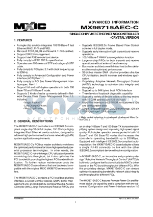 MX98715AEC-C datasheet - SINGLE CHIP FAST ETHERNET NIC CONTROLLER - CRYSTAL VERSION