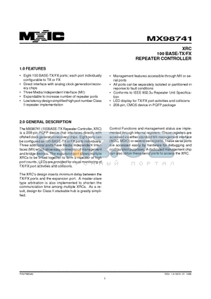 MX98741 datasheet - XRC 100 BASE-TX/FX REPEATER CONTROLLER