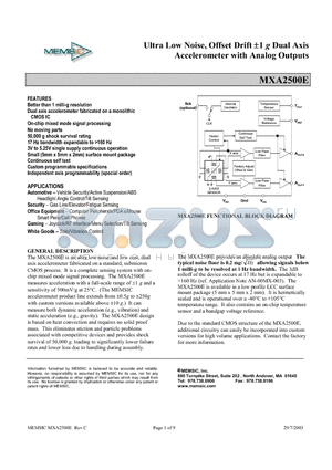 MXA2500EL datasheet - Ultra Low Noise, Offset Drift 1 g Dual Axis Accelerometer with Analog Outputs