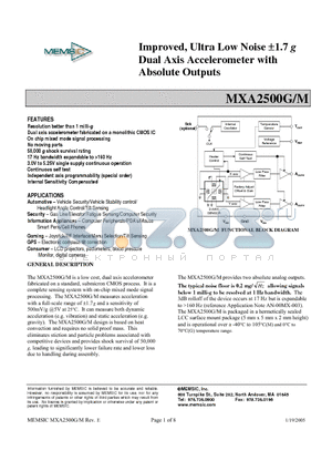 MXA2500G datasheet - Improved, Ultra Low Noise a1.7 g Dual Axis Accelerometer with Absolute Outputs