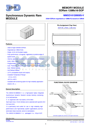 MMSD16128808S-V-IB datasheet - MEMORY MODULE SDRAM 128Mx16-SOP