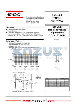 P5KE5.0A datasheet - 500 Watt Transient Voltage Suppressors 5.0 to 170 Volts