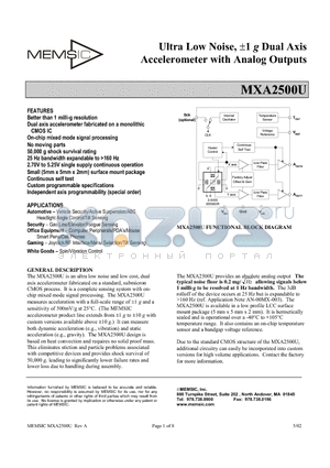 MXA2500U datasheet - Ultra Low Noise, 1g Dual Axis Accelerometer with Analog Outputs