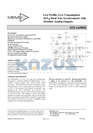 MXA6500EP datasheet - Low Profile, Low Consumption 0.5 g Dual Axis Accelerometer with Absolute Analog Outputs