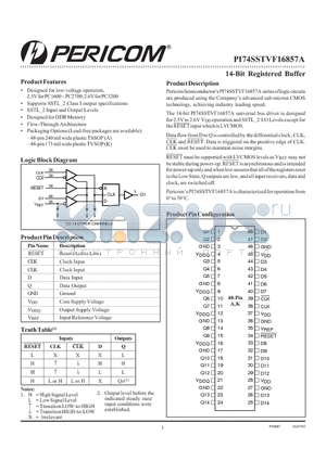PI74SSTVF16857AA datasheet - 14-Bit Registered Buffer