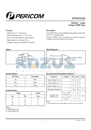 PI74ST1G02 datasheet - SOTiny Logic 2-Input NOR Gate