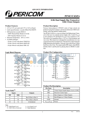 PI74LVC4245AS datasheet - 8-Bit Dual Supply Bus Transceiver with 3-State Outputs
