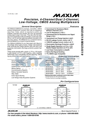 MAX4518CSD datasheet - Precision, 4-Channel/Dual 2-Channel, Low-Voltage, CMOS Analog Multiplexers