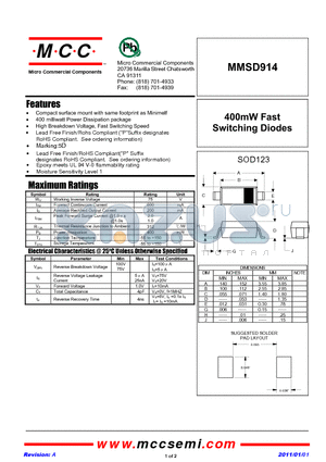 MMSD914 datasheet - 400mW Fast Switching Diodes