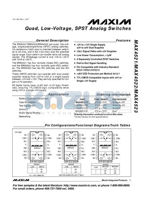 MAX4521CPE datasheet - Quad, Low-Voltage, SPST Analog Switches