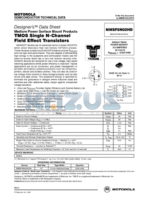 MMSF5N02HD datasheet - SINGLE TMOS POWER MOSFET 5.0 AMPERES 20 VOLTS