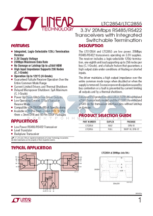 LTC2854CDDTRPBF datasheet - 3.3V 20Mbps RS485/RS422 Transceivers with Integrated Switchable Termination