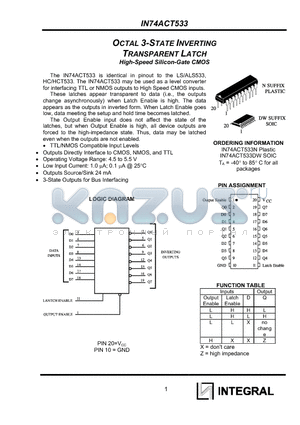 IN74ACT533DW datasheet - OCTAL 3-STATE INVERTING TRANSPARENT LATCH