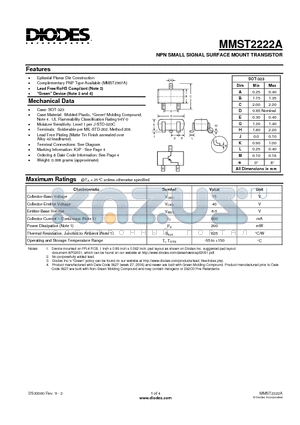 MMST2222A-7-F datasheet - NPN SMALL SIGNAL SURFACE MOUNT TRANSISTOR