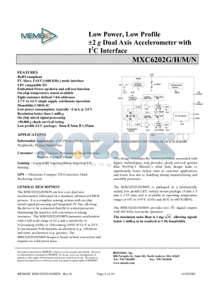 MXC6202H datasheet - Low Power, Low Profile a2 g Dual Axis Accelerometer with I2C Interface