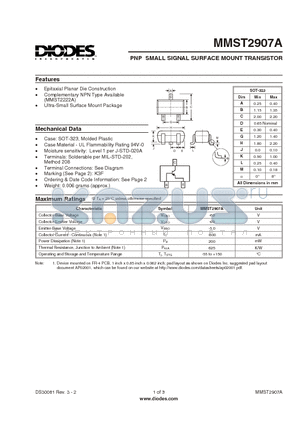 MMST2907 datasheet - PNP SMALL SIGNAL SURFACE MOUNT TRANSISTOR