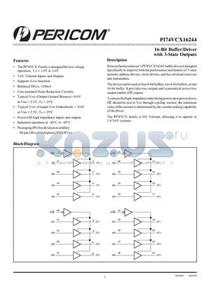 PI74VCX16244AE datasheet - 16-Bit Buffer/Driver with 3-State Outputs