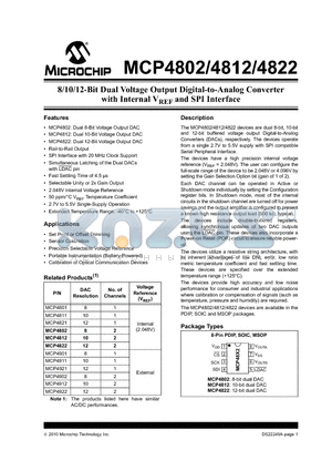 MCP4812-E/MS datasheet - 8/10/12-Bit Dual Voltage Output Digital-to-Analog Converter with Internal VREF and SPI Interface