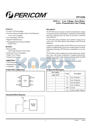 PI7AT04 datasheet - SOTINY Low Voltage, Zero-Delay, Active Transmission Line Clamp