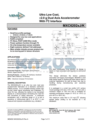 MXC6202XJ datasheet - Ultra Low Cost, a2.0 g Dual Axis Accelerometer With I2C Interface