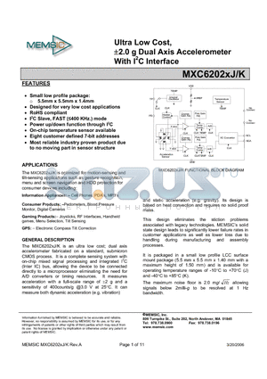 MXC6202XK datasheet - Ultra Low Cost, a2.0 g Dual Axis Accelerometer With I2C Interface