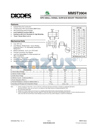 MMST3904_1 datasheet - NPN SMALL SIGNAL SURFACE MOUNT TRANSISTOR