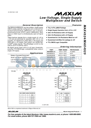 MAX4524 datasheet - Low-Voltage, Single-Supply Multiplexer and Switch