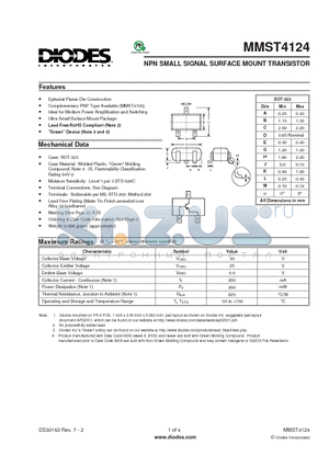 MMST4124-7-F datasheet - NPN SMALL SIGNAL SURFACE MOUNT TRANSISTOR