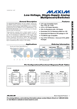 MAX4524LEUB datasheet - Low-Voltage, Single-Supply Analog Multiplexers/Switches