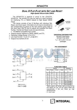 IN74ACT74 datasheet - DUAL D FLIP-FLOP WITH SET AND RESET