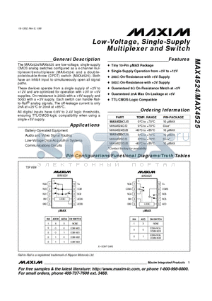 MAX4524-MAX4525 datasheet - Low-Voltage, Single-Supply Multiplexer and Switch