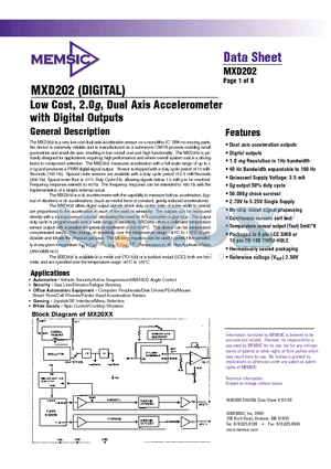 MXD202 datasheet - Low Cost, 2.0g, Dual Axis Accelerometer with Digital Outputs
