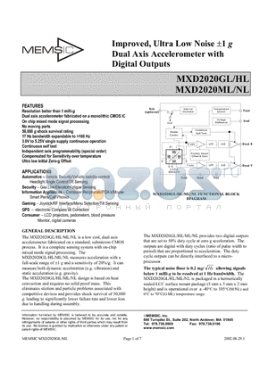 MXD2020GL datasheet - Improved, Ultra Low Noise Dual Axis Accelerometer with Digital Outputs
